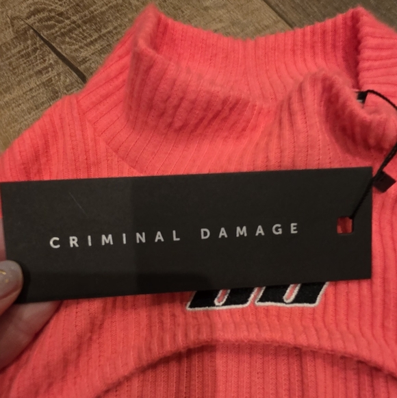 Criminal Damage ($95) Neon Coral Ribbed Cutout Bodysuit NWT Streetwear - Picture 3 of 10